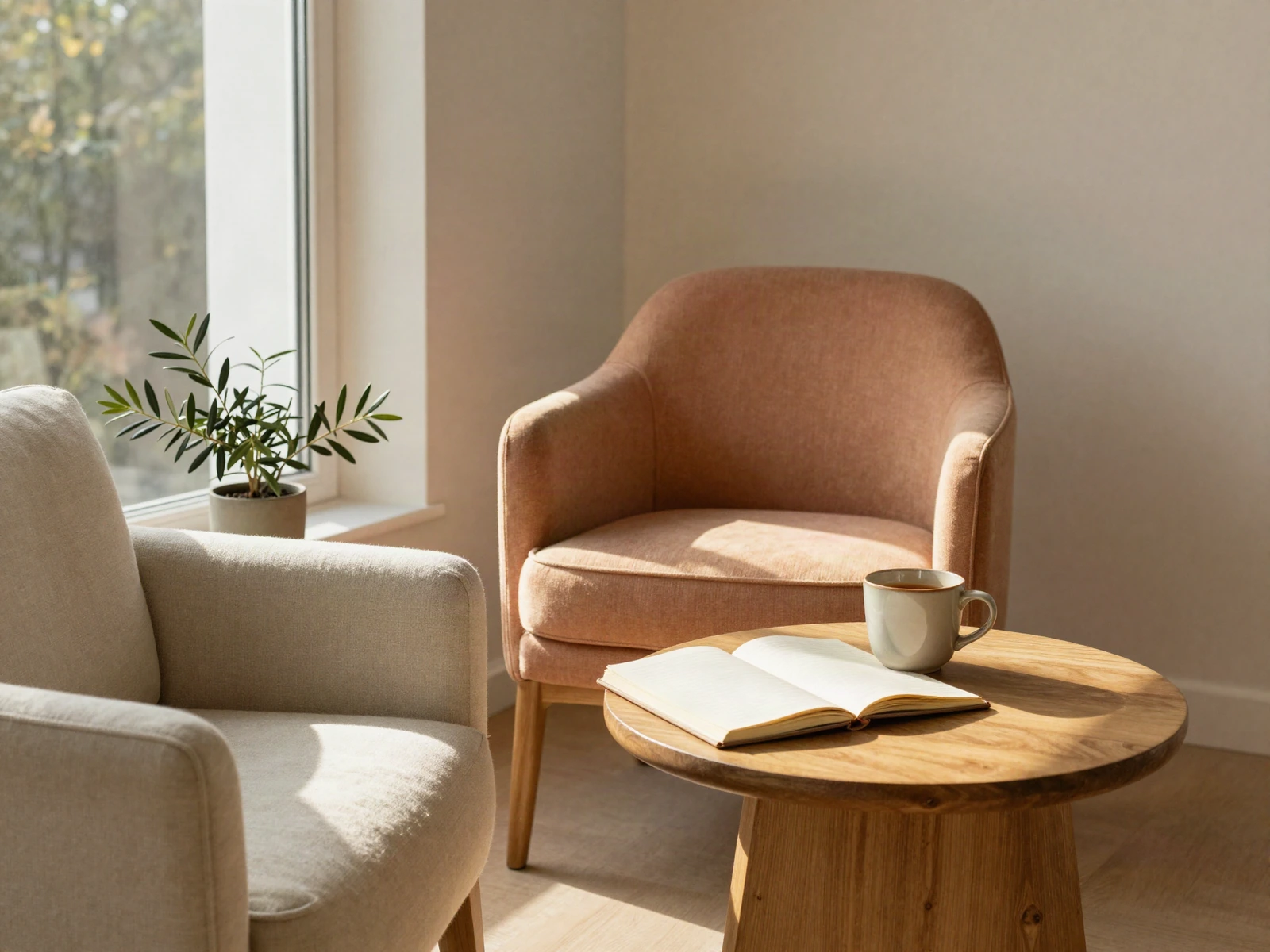 Warme, ruhige Coaching-Atmosphäre am Fenster mit Sessel, Notizbuch und Tee